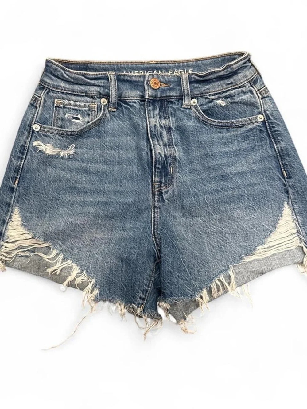 American Eagle Outfitters Distressed High-Rise Denim Shorts - Blue
